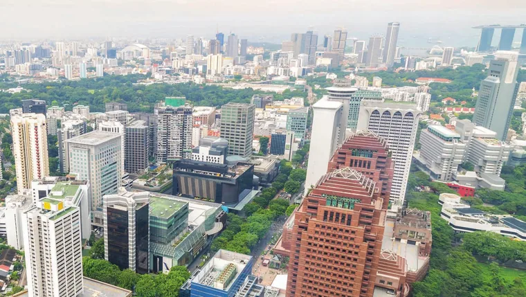 Aerial view over the Orchard Road district and the city centre around Duet @ Emily