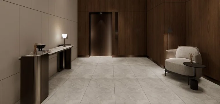 Duet @ Emily lift lobby with timber-panelled walls and stone flooring
