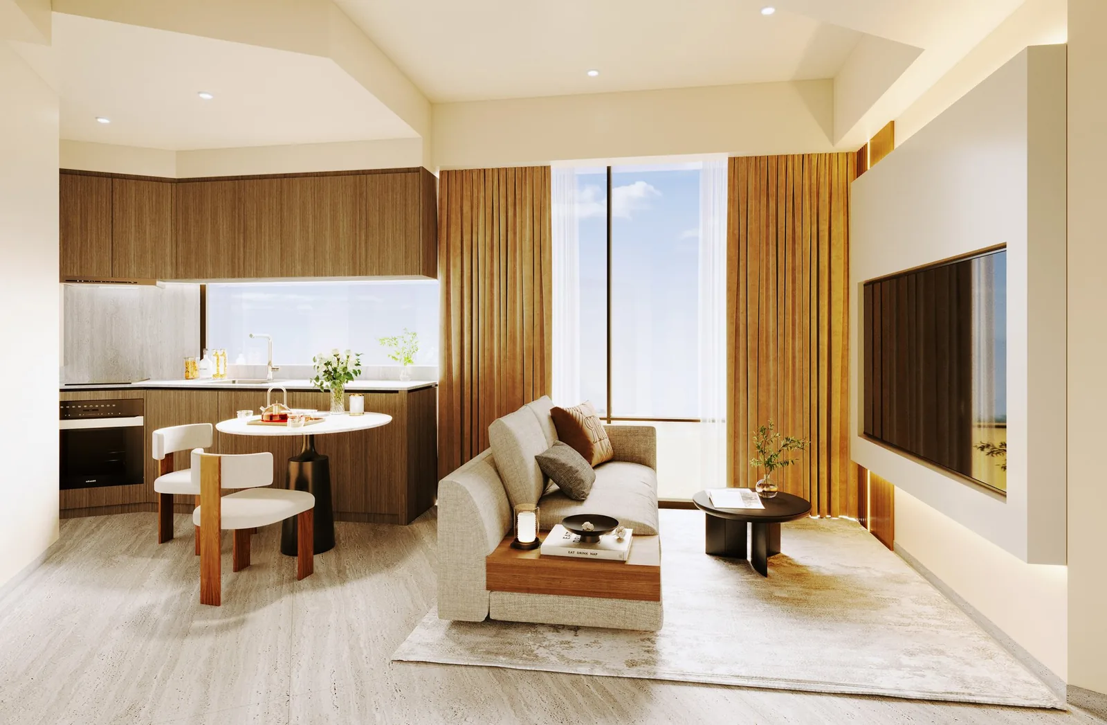 Duet @ Emily living and dining room with timber cabinetry and full-height glazing