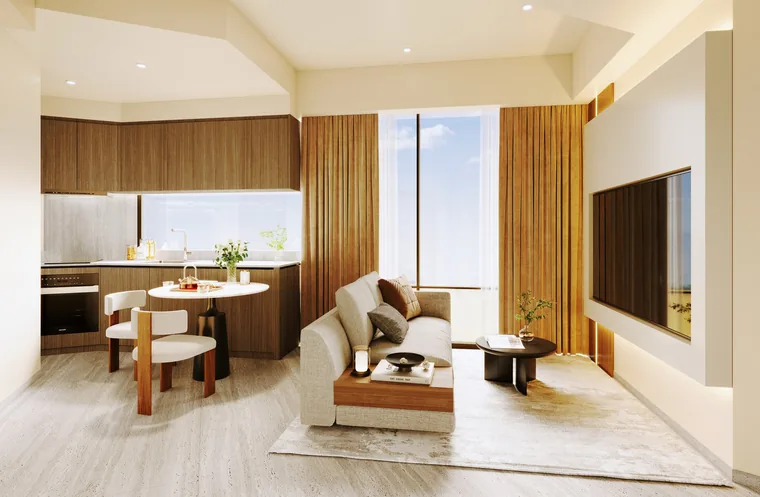 Duet @ Emily living and dining room with timber cabinetry and full-height glazing
