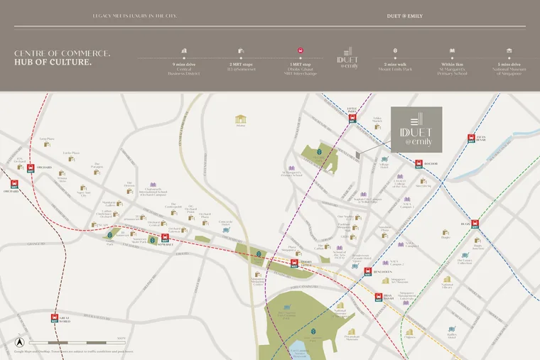 Duet @ Emily location map with Orchard, Dhoby Ghaut, Little India, Rochor and Bugis MRT stations