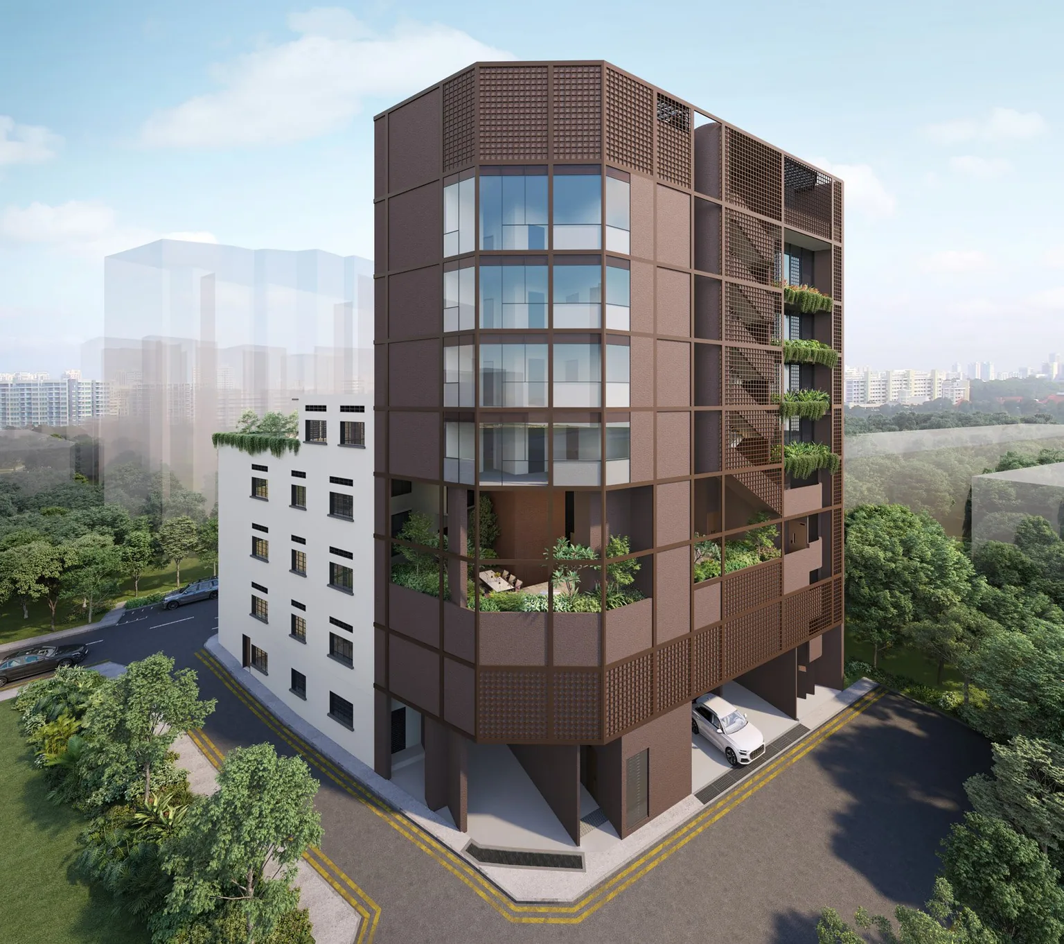 Duet @ Emily aerial view of the seven-storey annex and the restored conservation block at Mount Emily Road