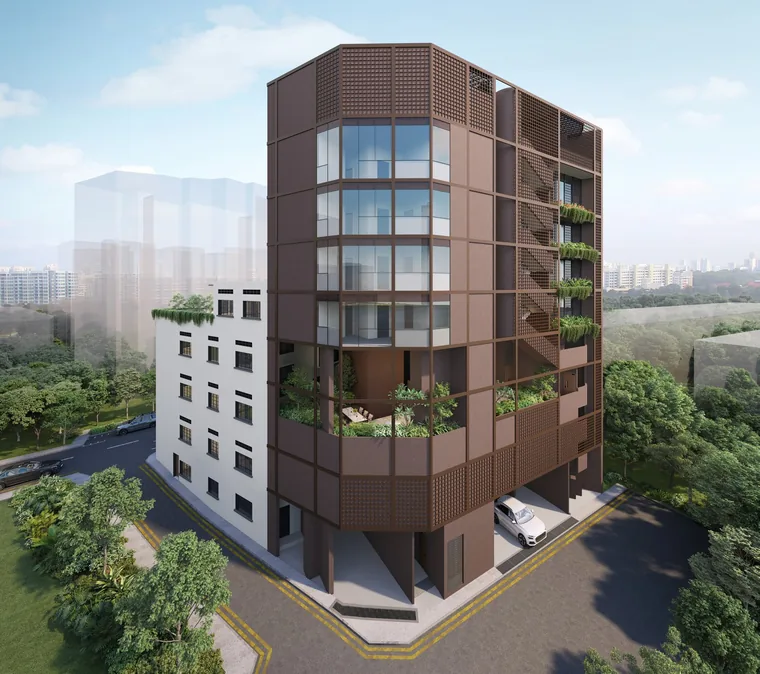 Duet @ Emily aerial view of the seven-storey annex and the restored conservation block at Mount Emily Road