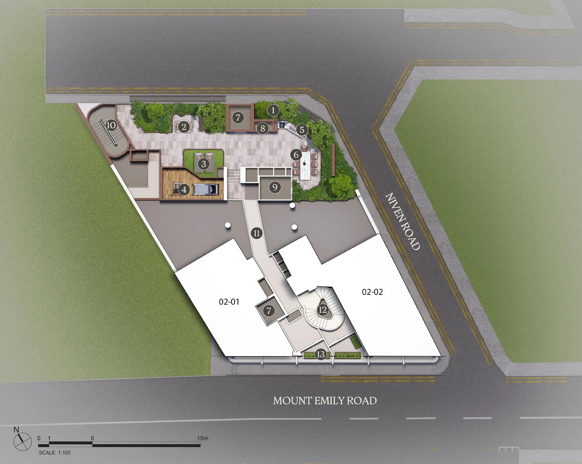 Duet @ Emily site plan, 2nd floor, showing the Sky Terrace facilities and units 02-01 and 02-02