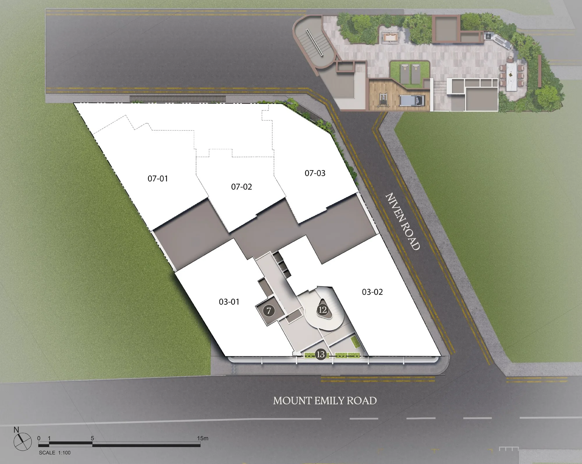 Duet @ Emily site plan at roof level, showing the new communal planter above the annex