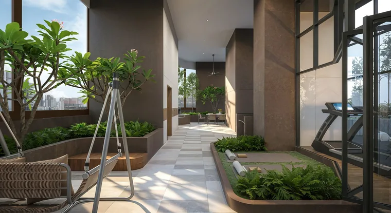 Duet @ Emily Sky Terrace lounge with swing seat and landscaped planters